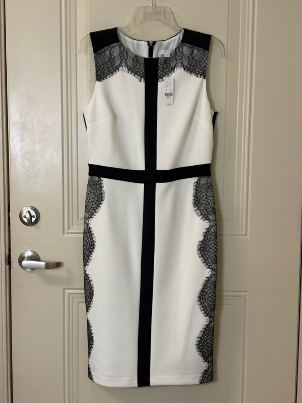 NWT New York & Company White Midi Sheath Dress w/ Black Trim and Lace SZ MED $75